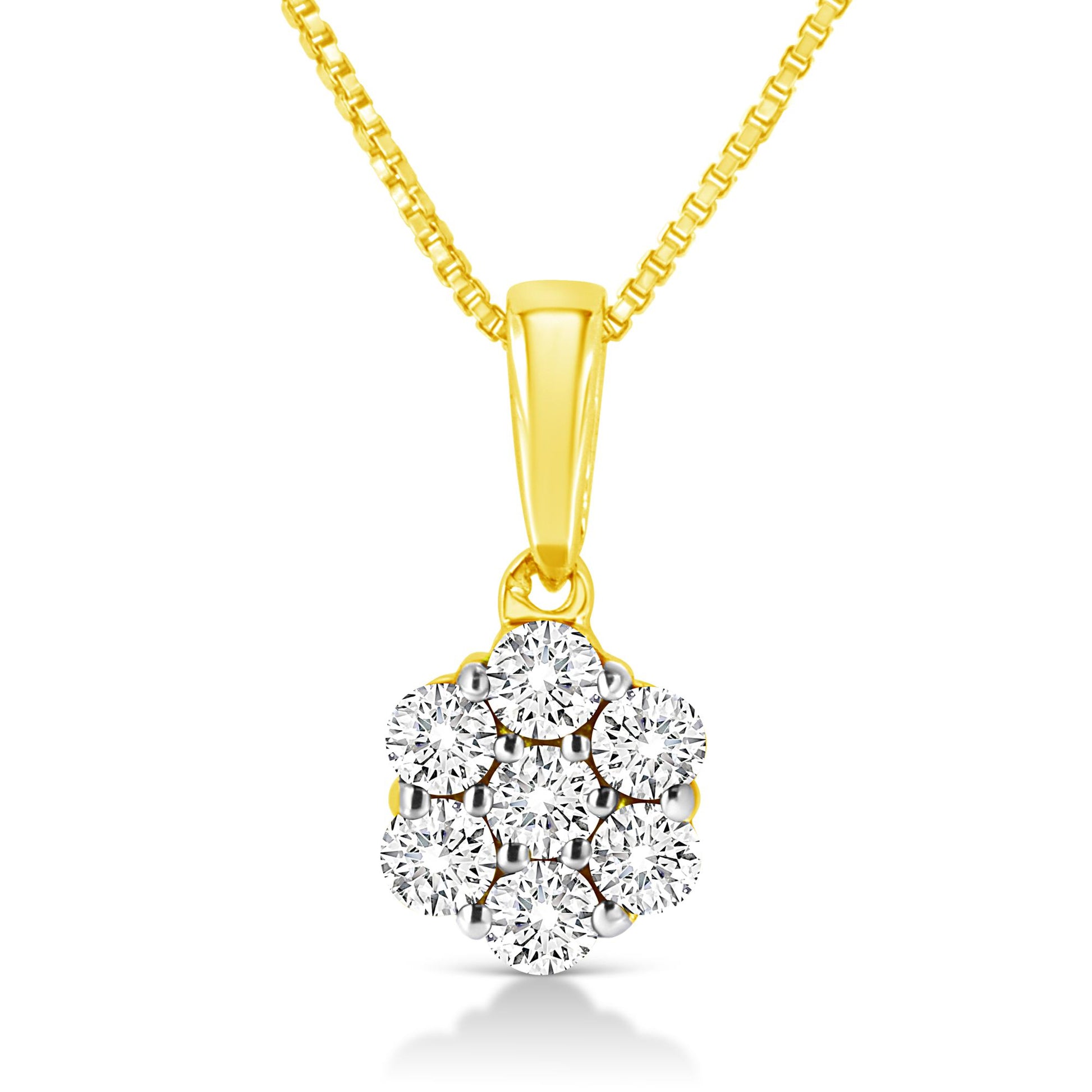 Front view of yellow metal necklace with a flower-shaped pendant featuring round white gemstones in prong settings.
