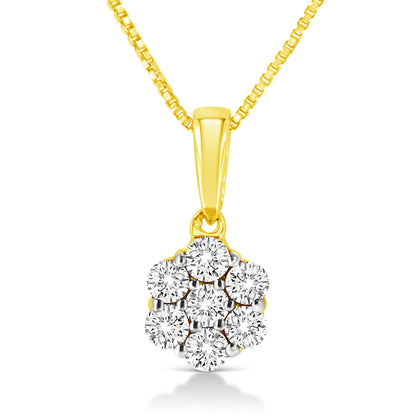 Front view of yellow metal necklace with a flower-shaped pendant featuring round white gemstones in prong settings.