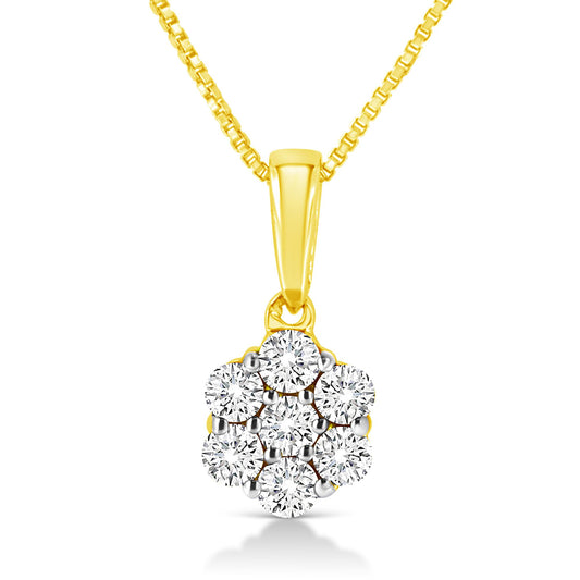 Front view of yellow metal necklace with a flower-shaped pendant featuring round white gemstones in prong settings.