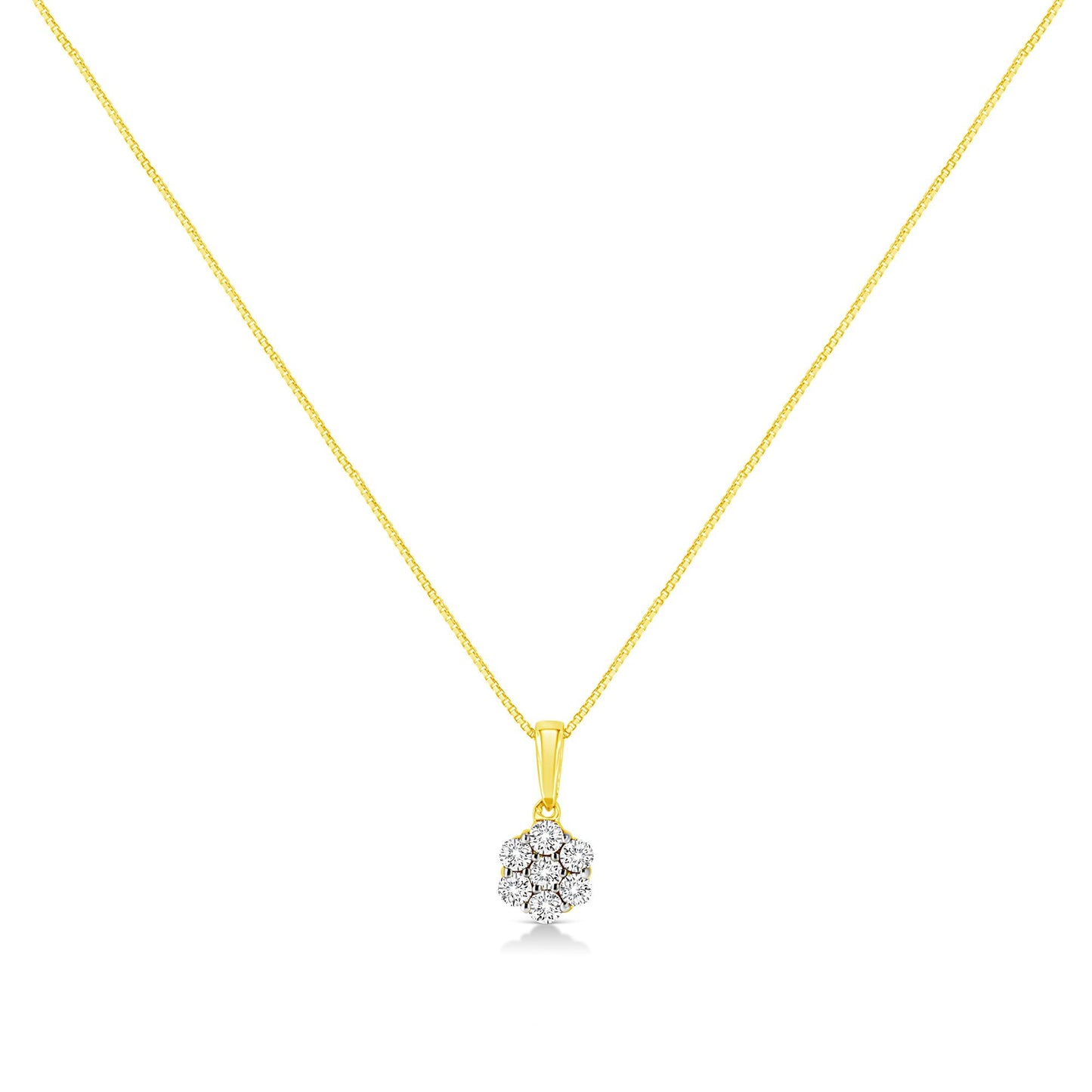 Front-facing view of a yellow metal necklace with a pendant featuring seven round white gemstones in a clustered prong setting.