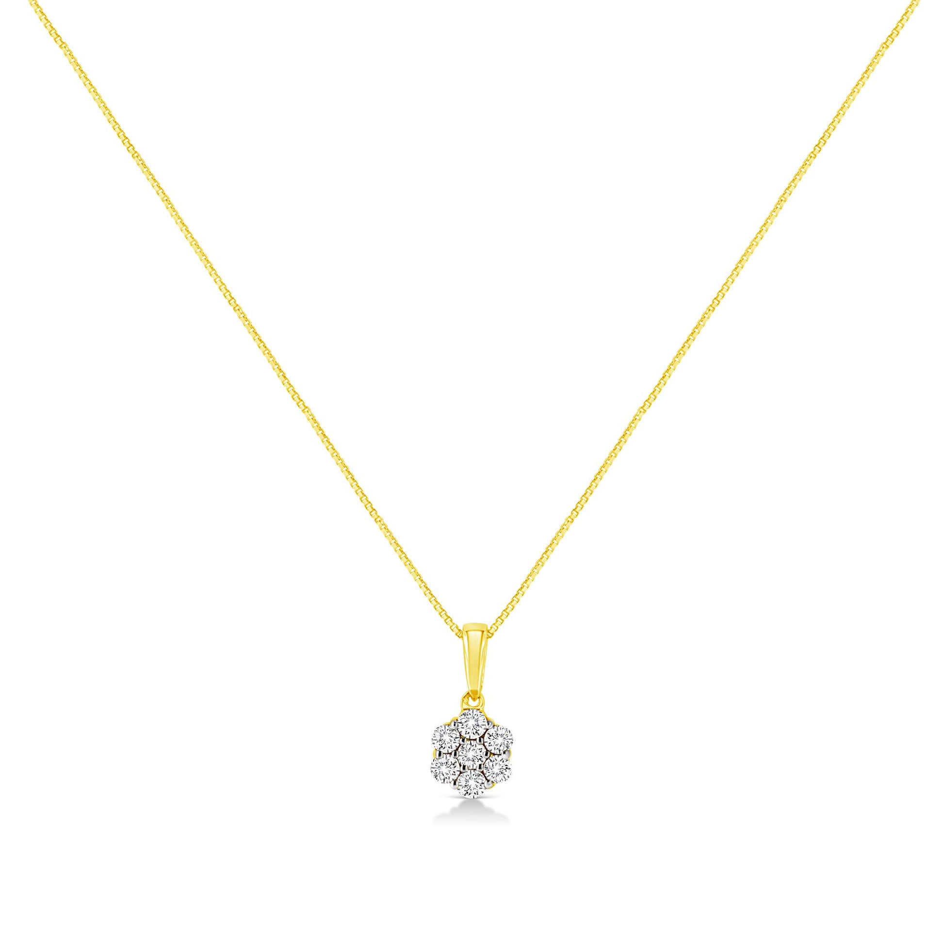 Front-facing view of a yellow metal necklace with a pendant featuring seven round white gemstones in a clustered prong setting.