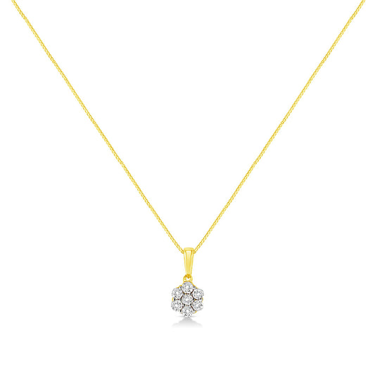 Front-facing view of a yellow metal necklace with a pendant featuring seven round white gemstones in a clustered prong setting.