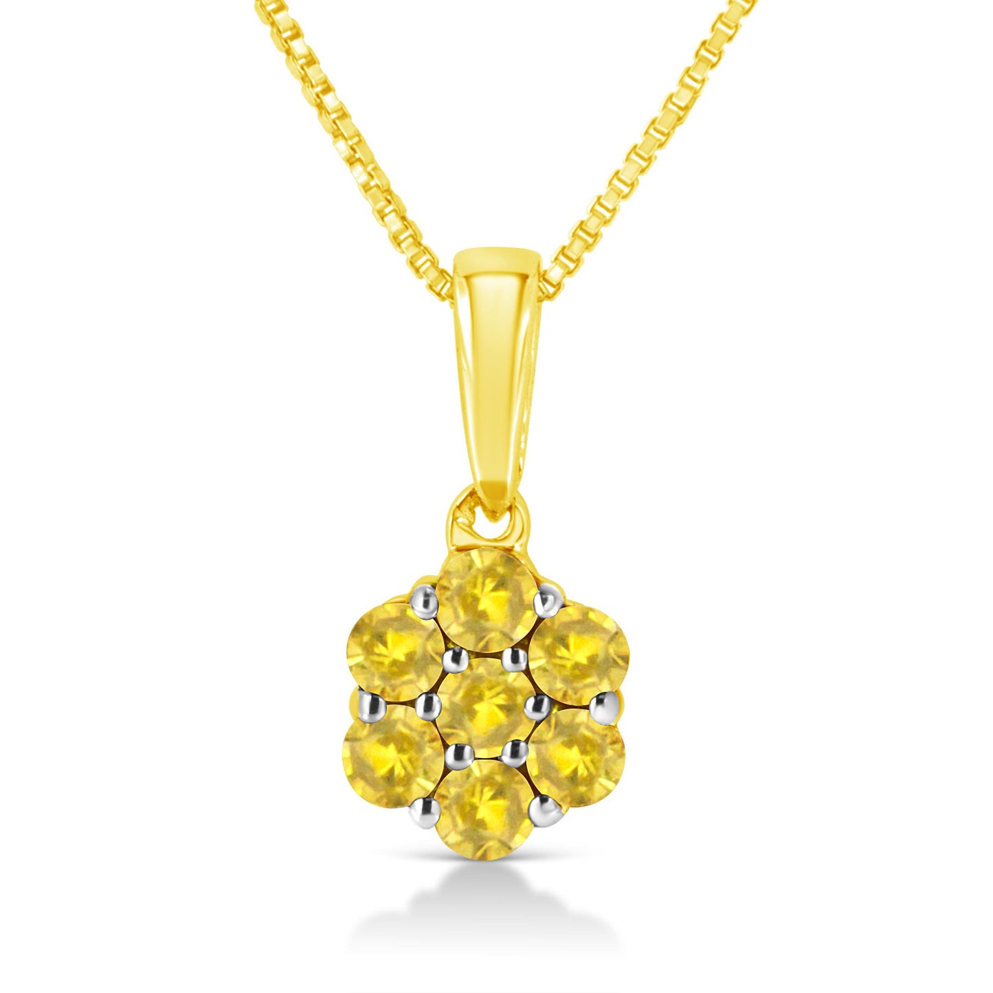 Front view of a yellow metal necklace with a pendant featuring seven round yellow gemstones in prong settings arranged in a cluster.