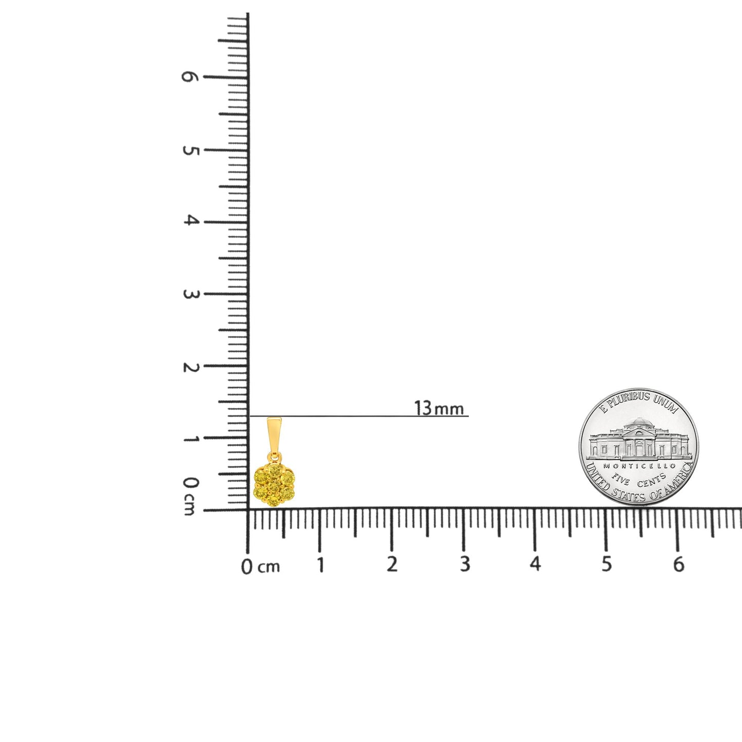 Close-up front view of a yellow metal necklace pendant with round yellow gemstones in prong settings, displayed on a ruler and next to a coin for size reference.