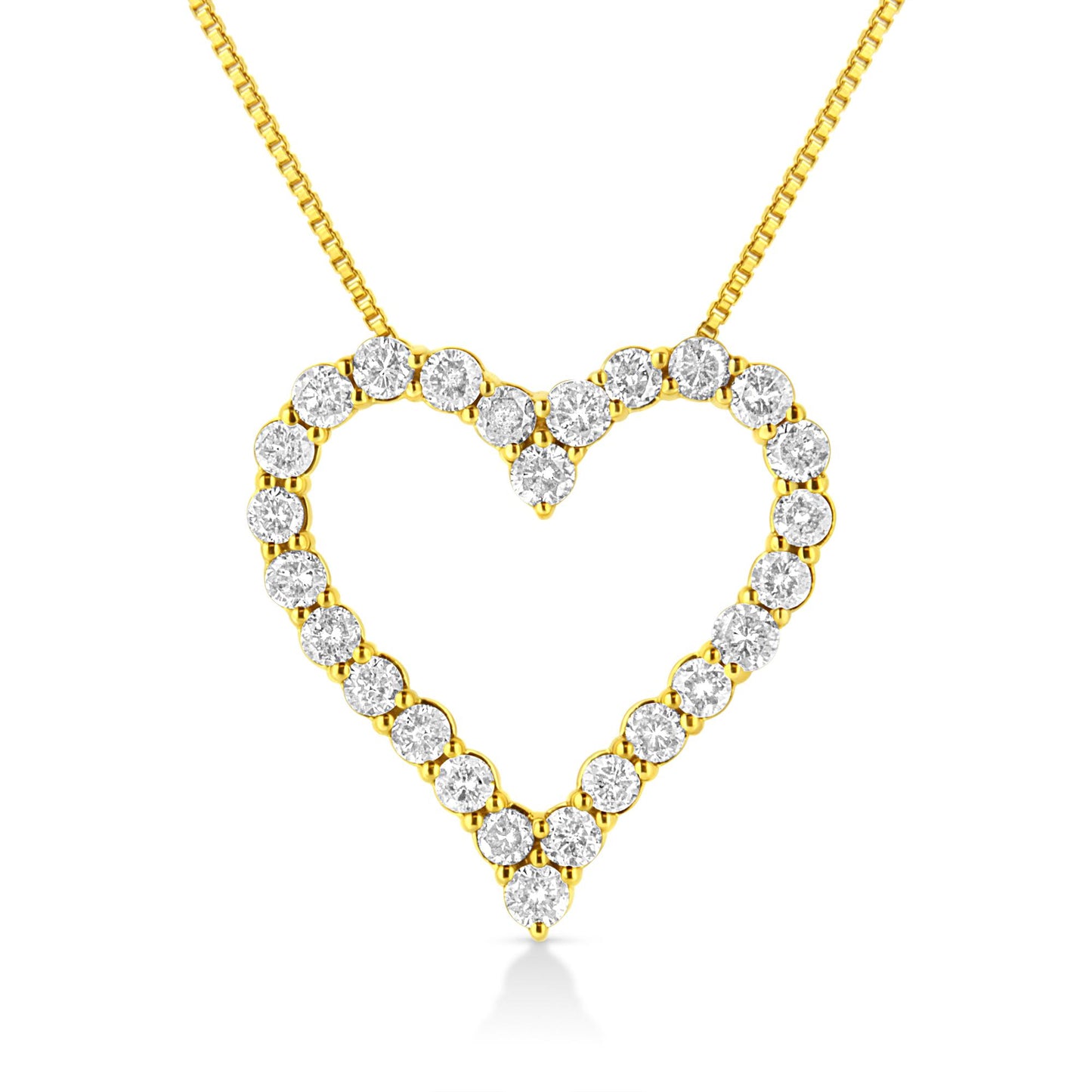 Front-facing close-up of a yellow metal heart-shaped necklace pendant set with round white gemstones in prong settings.