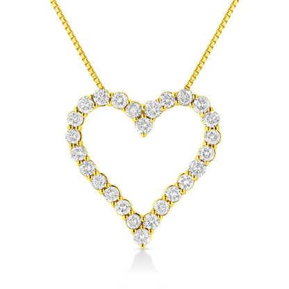 Front-facing close-up of a yellow metal heart-shaped necklace pendant set with round white gemstones in prong settings.