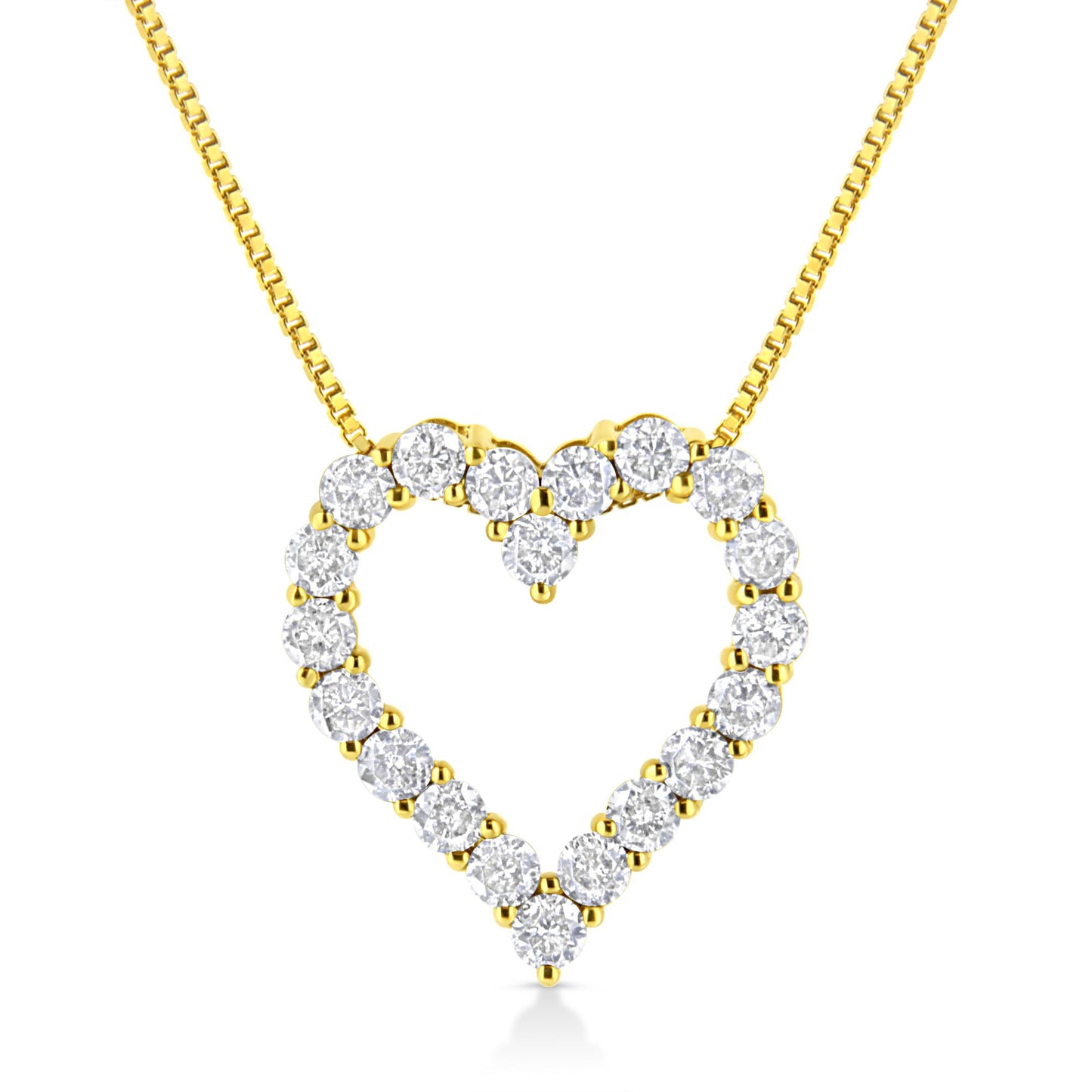 Front view of a yellow necklace with a heart-shaped pendant composed of round, prong-set white gemstones.