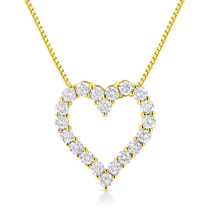 Front view of a yellow necklace with a heart-shaped pendant composed of round, prong-set white gemstones.