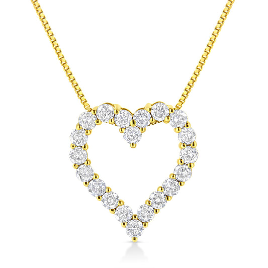 Front view of a yellow necklace with a heart-shaped pendant composed of round, prong-set white gemstones.