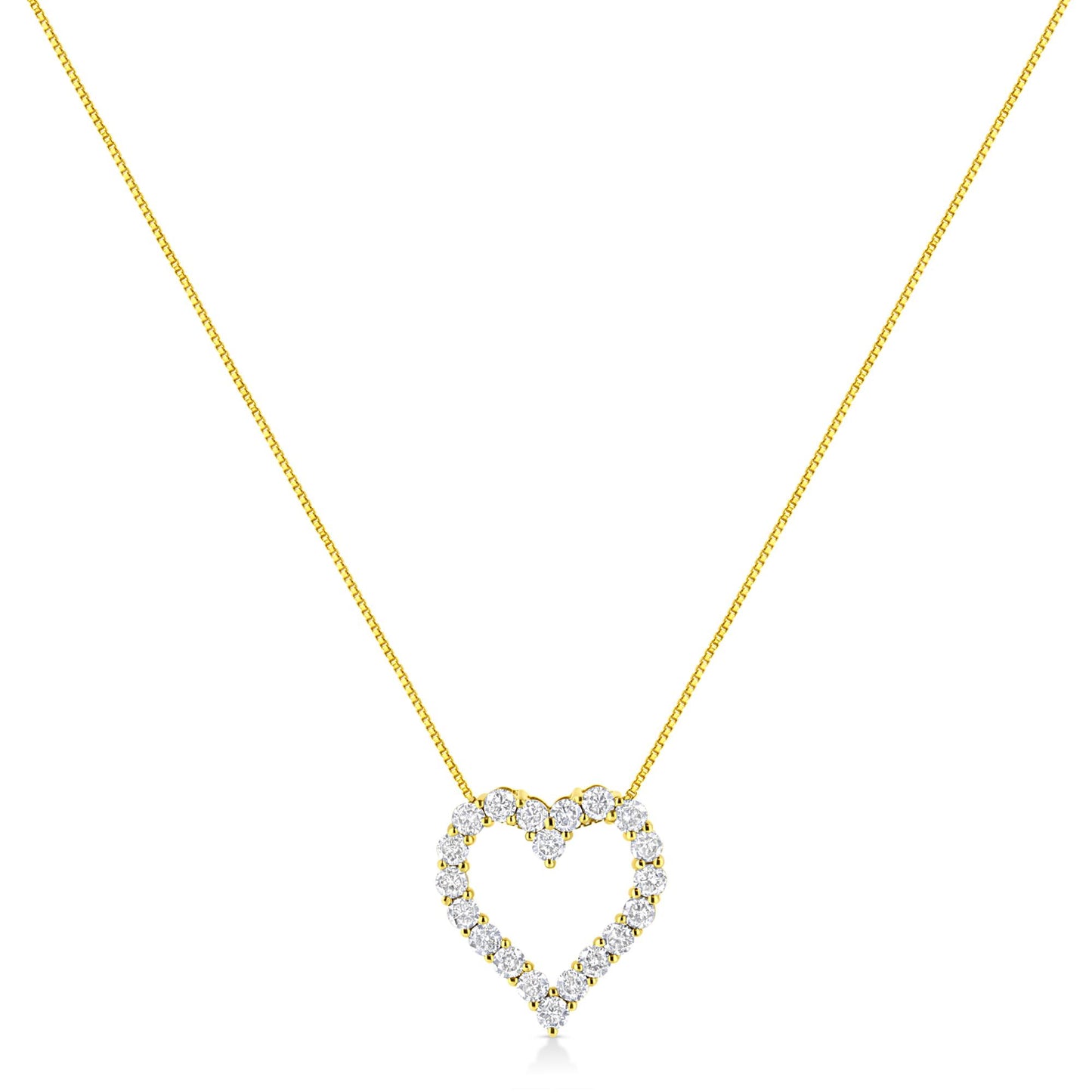 Front view of a yellow metal necklace with a heart-shaped pendant featuring round prong-set brownish gemstones.
