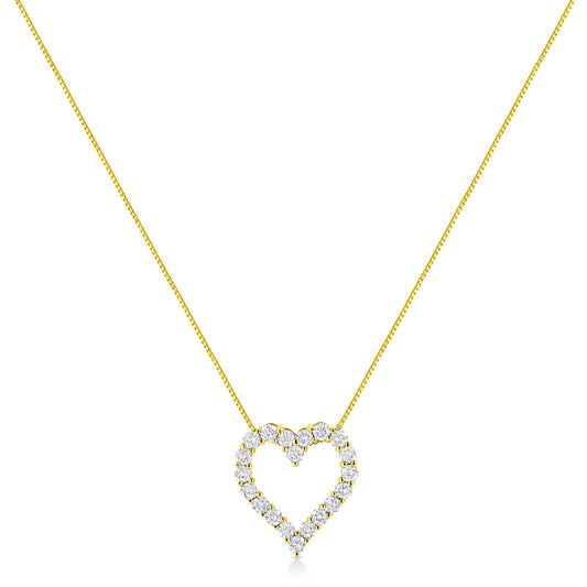 Front view of a yellow metal necklace with a heart-shaped pendant featuring round prong-set brownish gemstones.