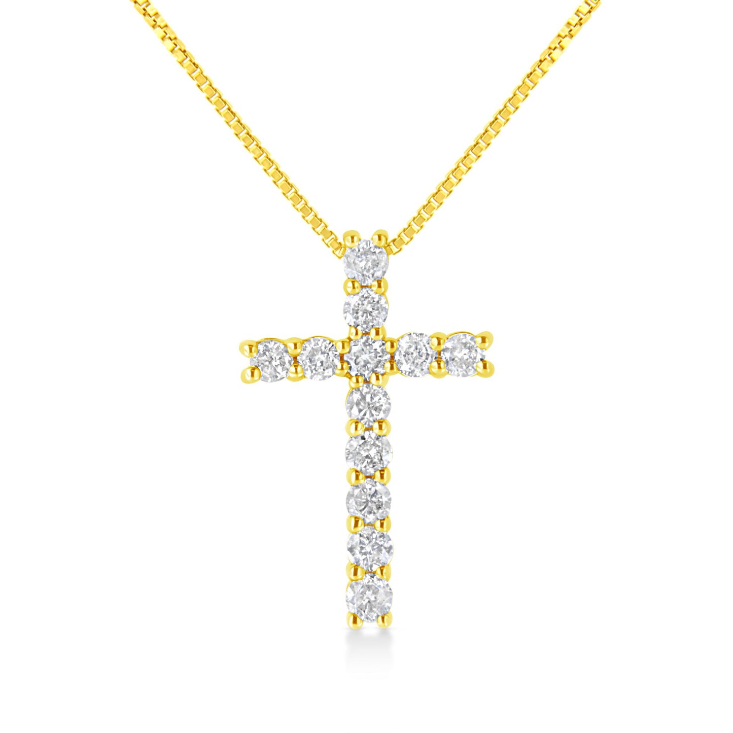 Front angle view of a yellow metal necklace with a cross-shaped pendant featuring round white gemstones in prong settings.