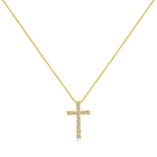 Front-facing image of a yellow metal necklace with a cross pendant adorned with round-shaped brownish prong-set gemstones.