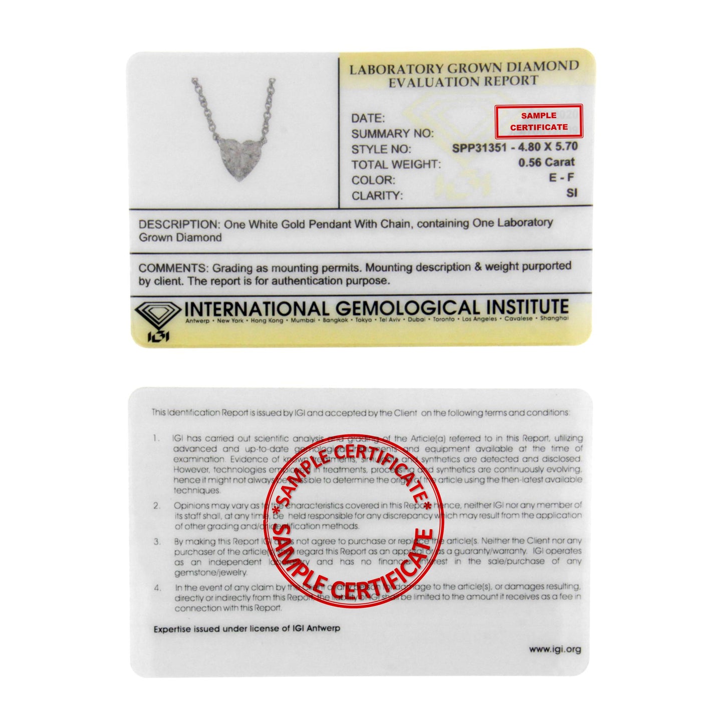 Alt text: Front view of a white necklace with a heart-shaped pendant featuring a single white gemstone, shown on a certificate card.