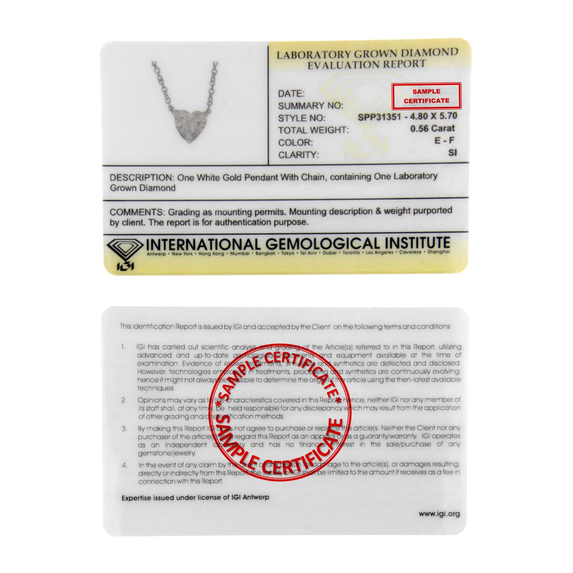 Alt text: Front view of a white necklace with a heart-shaped pendant featuring a single white gemstone, shown on a certificate card.