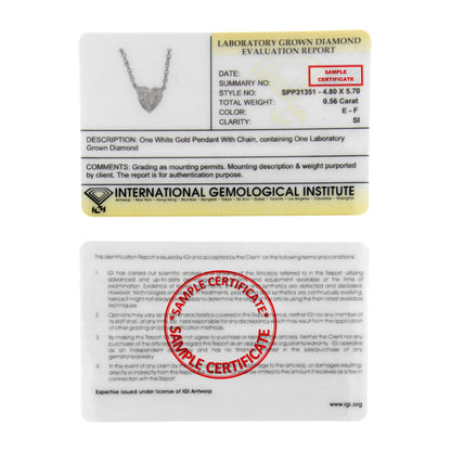 Alt text: Front view of a white necklace with a heart-shaped pendant featuring a single white gemstone, shown on a certificate card.
