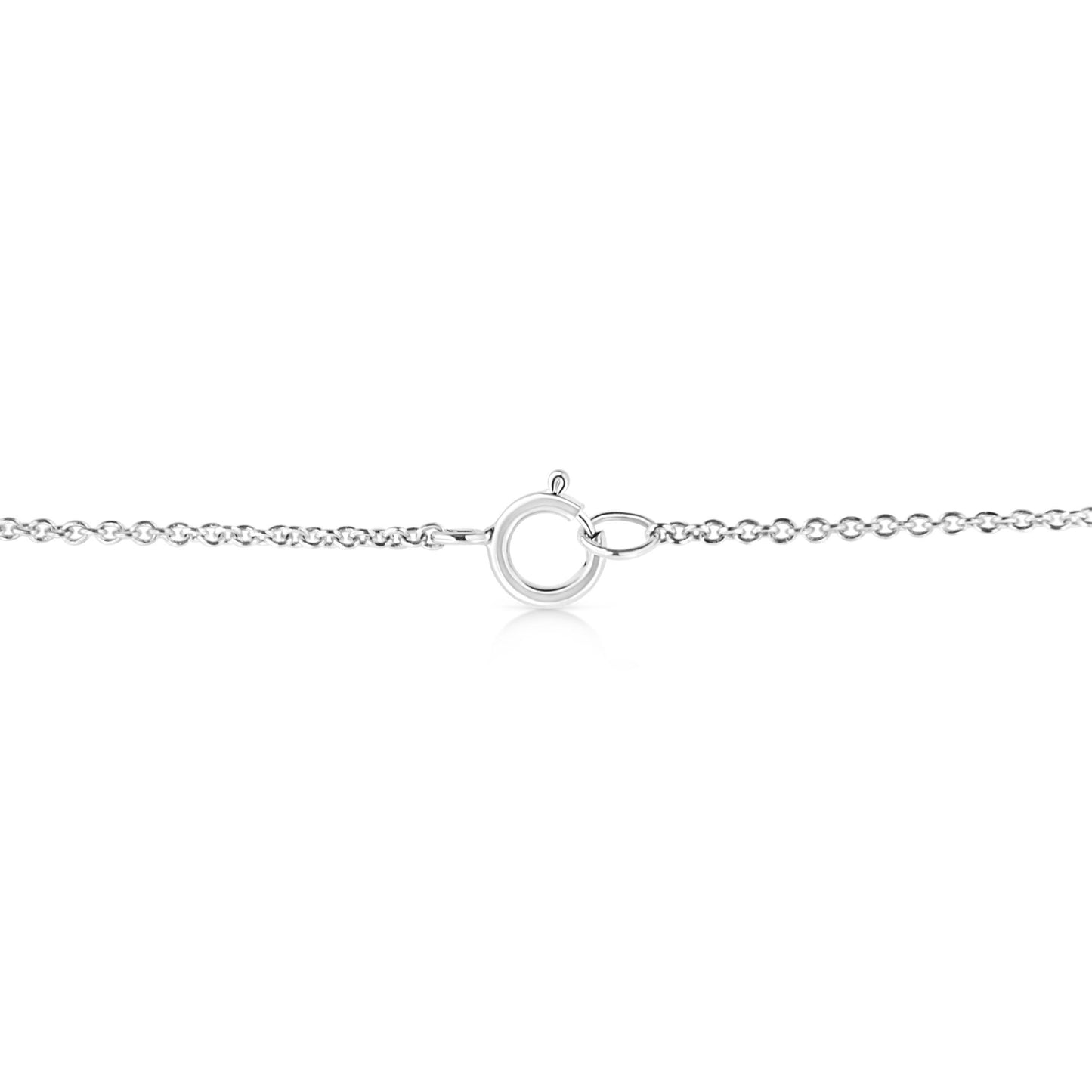 Close-up front angle of white metal necklace chain clasp.