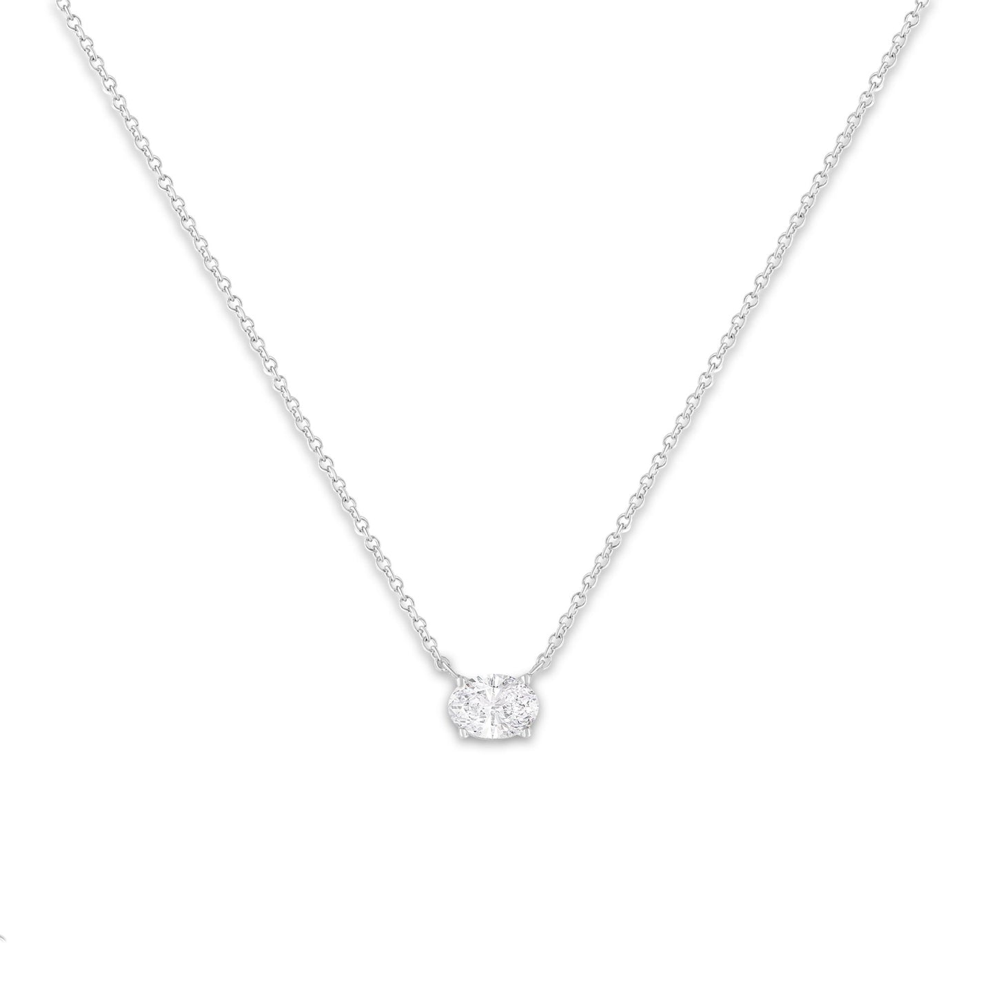 White metal necklace with an oval-shaped white gemstone in a 4-prong setting, shown from a front angle on a white background.