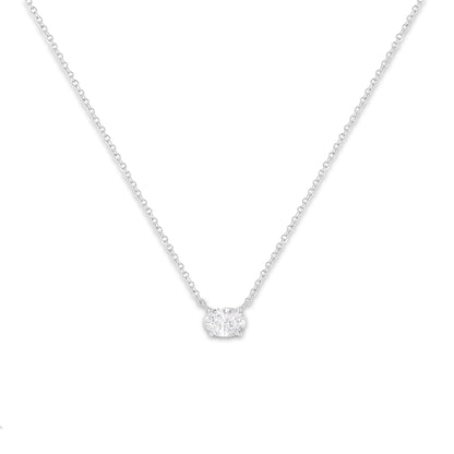 White metal necklace with an oval-shaped white gemstone in a 4-prong setting, shown from a front angle on a white background.