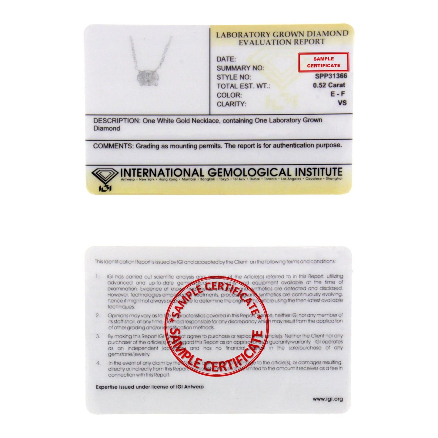 Alt text: White necklace with a single oval-shaped white gemstone in a 4-prong setting, shown front-facing on a certification card.