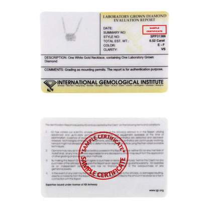 Alt text: White necklace with a single oval-shaped white gemstone in a 4-prong setting, shown front-facing on a certification card.