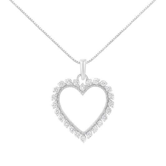 Front angle of white necklace with heart-shaped pendant featuring round white gemstones set in prongs around the heart outline.