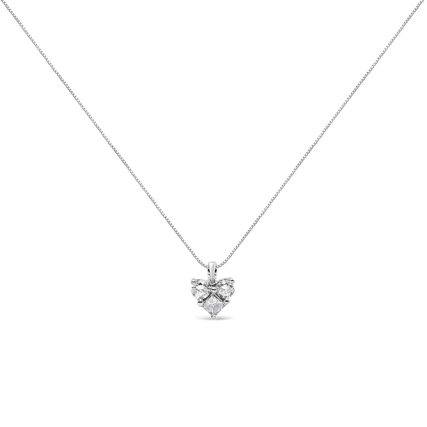 Front view of a white metal necklace with a pendant featuring one princess shape white gemstone and two round shape white gemstones in prong settings.