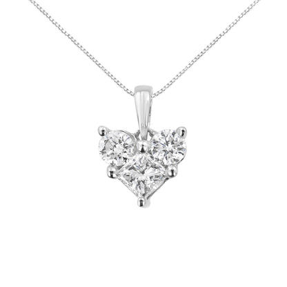 Front view of white metal necklace with a heart-shaped pendant featuring one princess-cut white gemstone and two round white gemstones in prong settings.