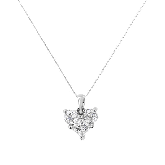 Front view of a white metal necklace with a heart-shaped pendant featuring one princess-shaped white gemstone and two round-shaped white gemstones in prong settings.