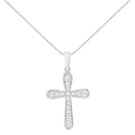 Front view of white metal cross-shaped necklace pendant adorned with multiple round white gemstones in prong settings on a thin chain.