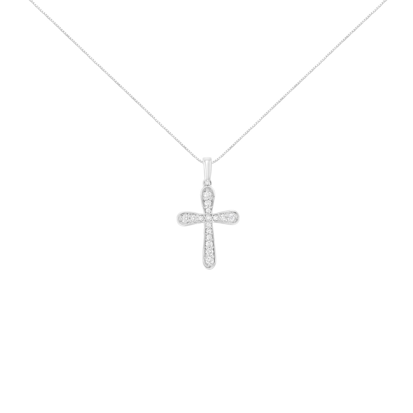 Front view of a white metal cross-shaped necklace pendant with small round white gemstones in prong settings, suspended on a fine chain against a white background.