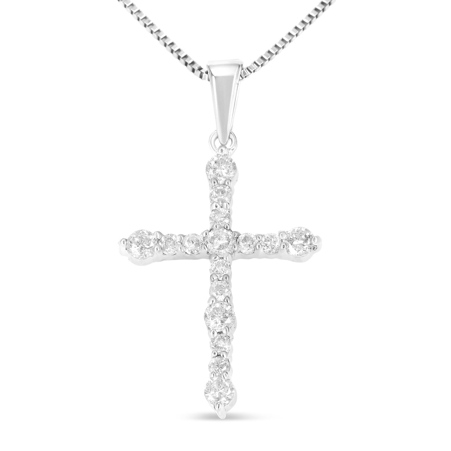 Front view of a white metal cross necklace pendant with round white gemstones in prong settings along the vertical and horizontal bars.