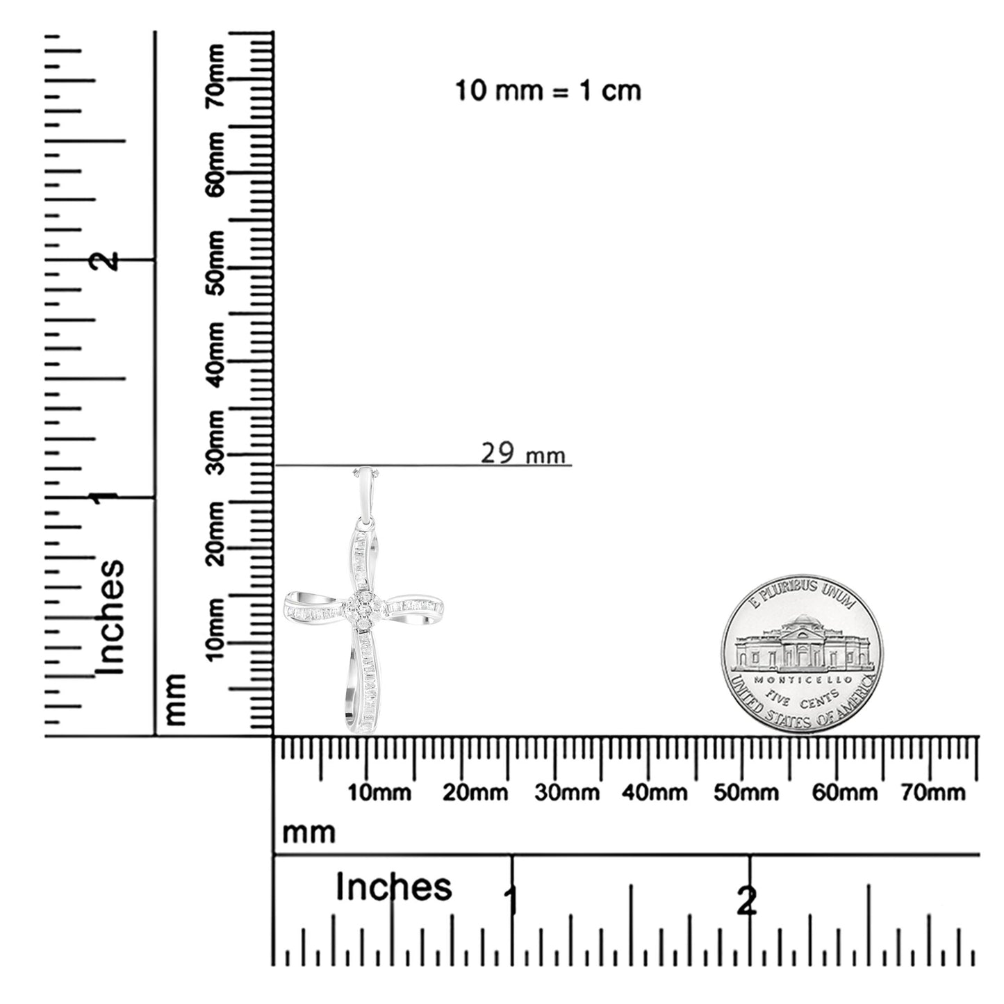 Pendant cross necklace with round and baguette white gemstones, shown on a ruler and scale for size reference, front angle.