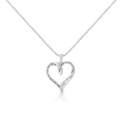 Front view of a white metal heart-shaped necklace pendant with round white gemstones set along one side, captured against a white background.