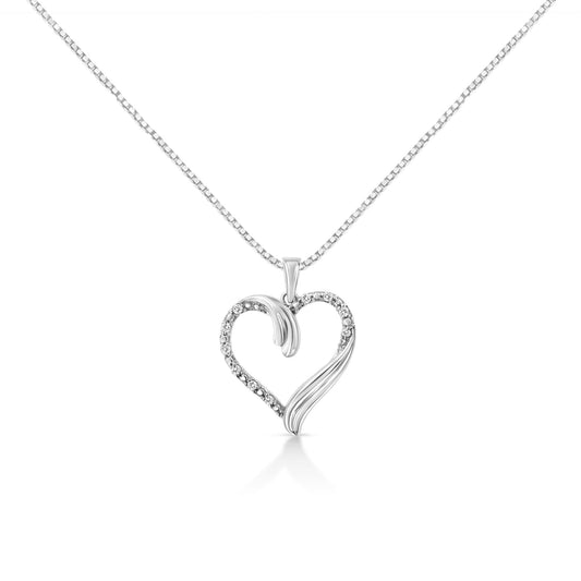 Front view of a white metal heart-shaped necklace pendant with round white gemstones set along one side, captured against a white background.