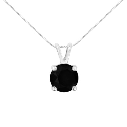 Front-facing close-up of a white metal necklace pendant with a round black gemstone in a prong setting.