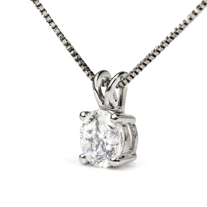 Close-up front angle of a white necklace with a round white gemstone set in a four-prong setting, shown on a white background.