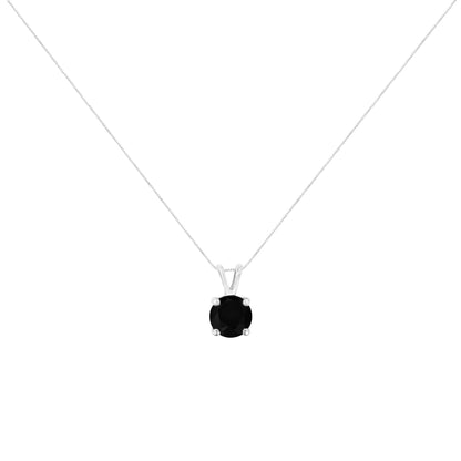 Front view of a white metal necklace with a single round black gemstone in a prong setting pendant.