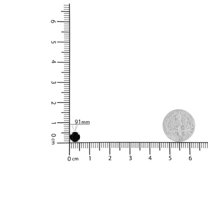 White metal necklace with a single round black gemstone in prong setting shown on a ruler and coin for size reference, top-down angle.