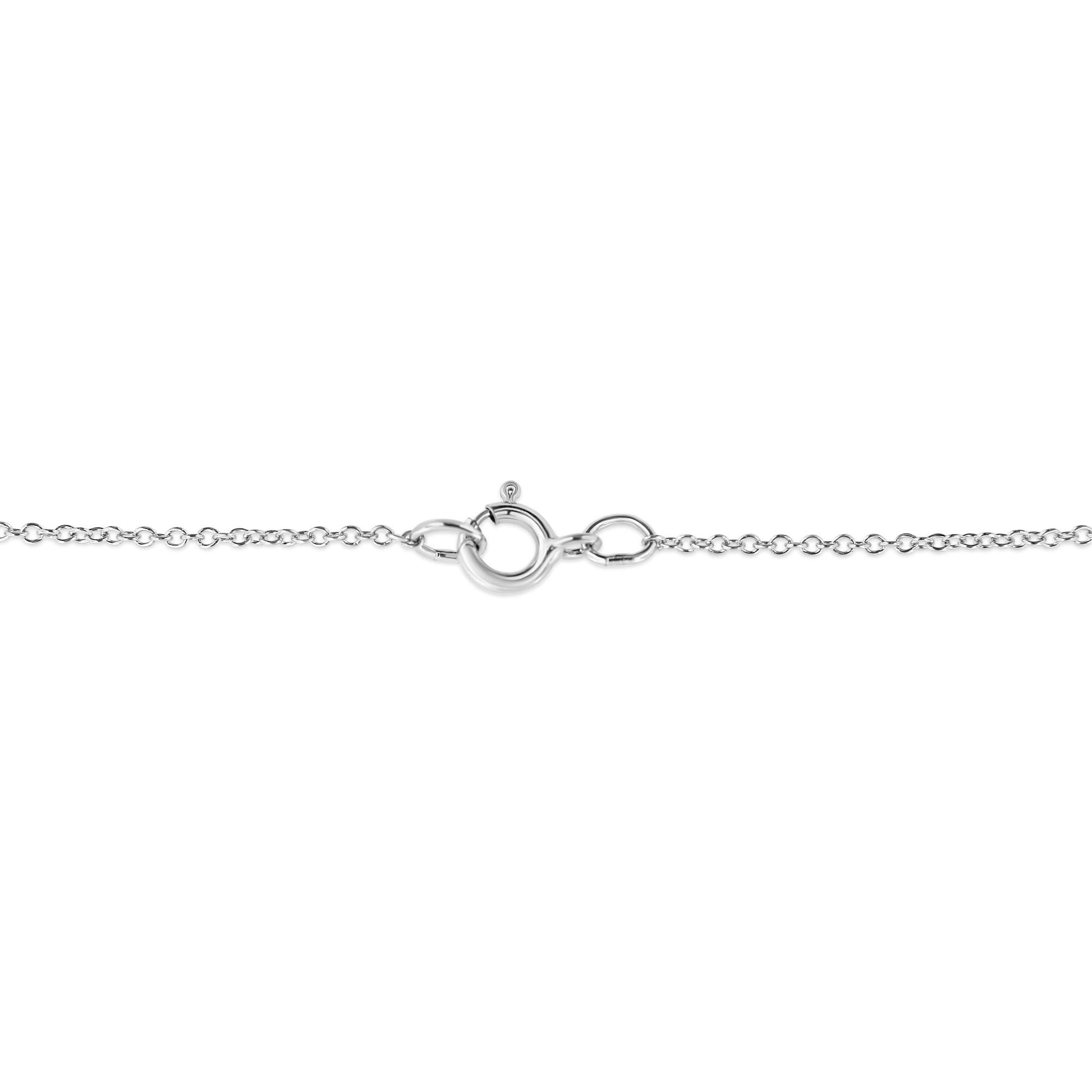 Close-up front view of a white metal necklace chain with a spring ring clasp.