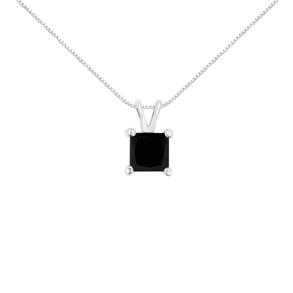 Front view of a white metal necklace with a single princess-shaped black gemstone prong pendant.
