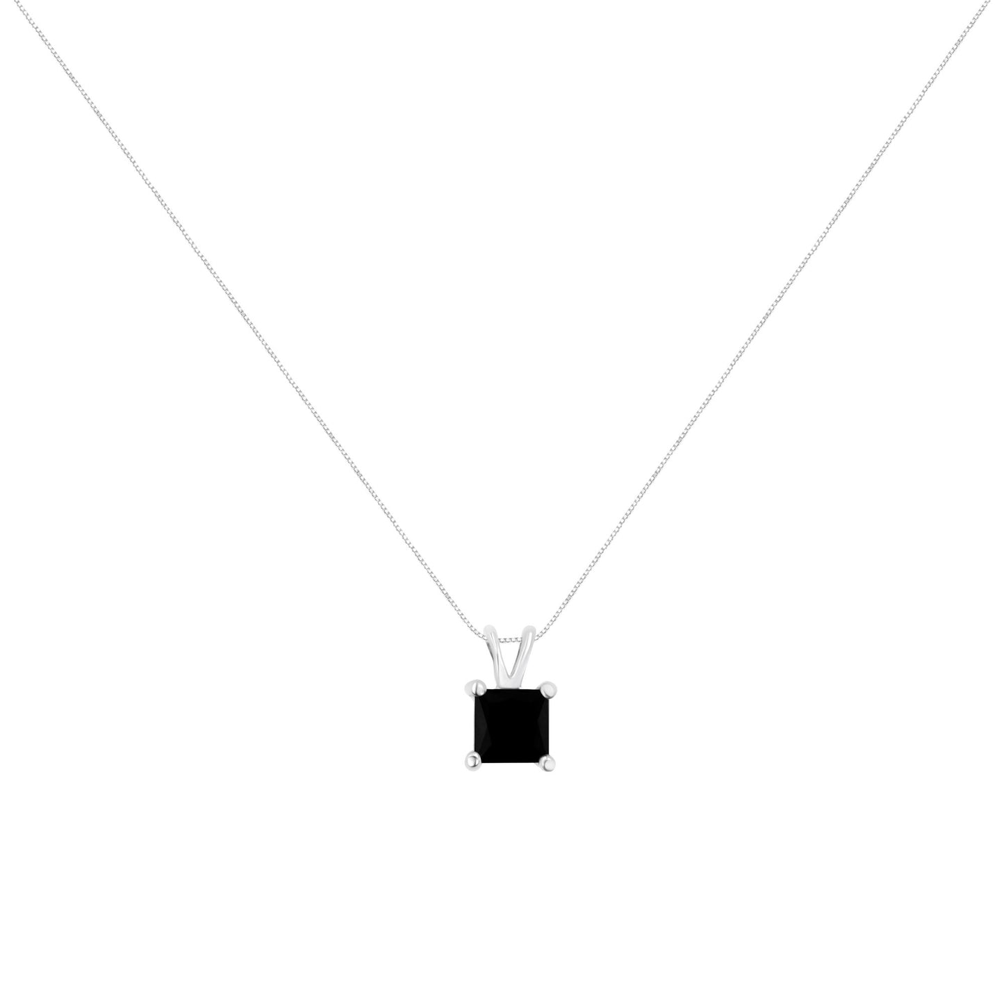 Front view of a white necklace with a single black princess-shaped gemstone in a prong setting.