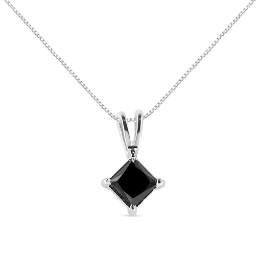 Close-up front view of a white metal necklace with a princess-shaped black gemstone set in prongs.