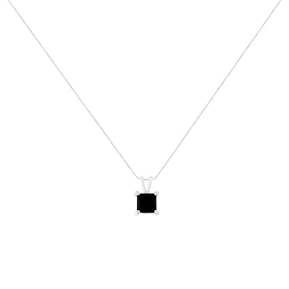 Front view of a white metal necklace with a solitaire black square-shaped gemstone in a prong setting.