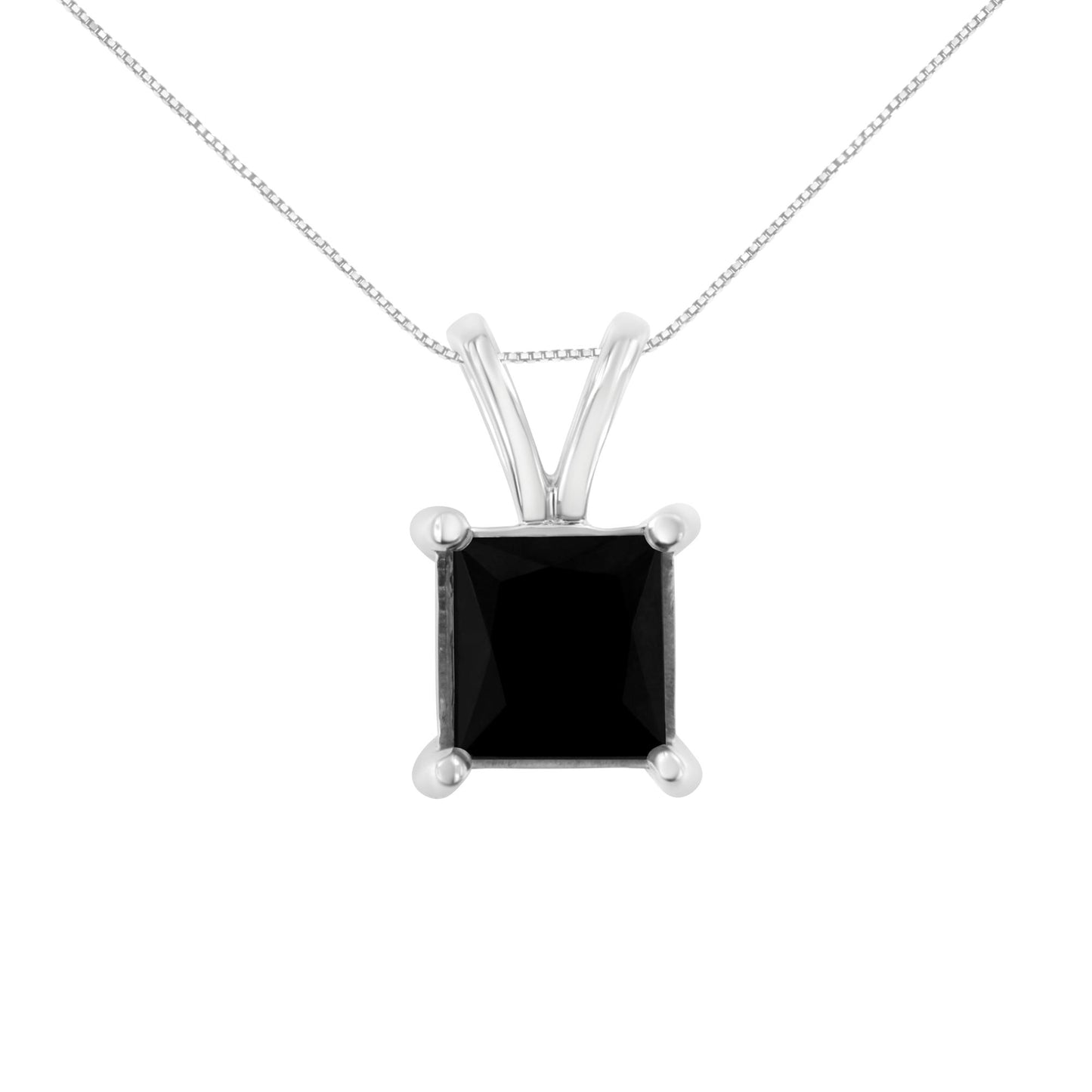 Front view of a white metal necklace with a single prong-set black princess-shaped gemstone pendant.