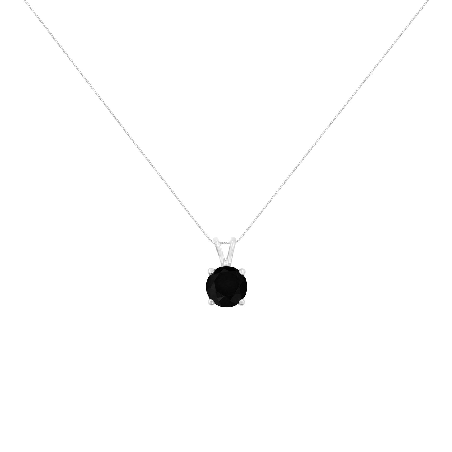 Front view of a white metal necklace with a round black gemstone in a prong setting pendant.