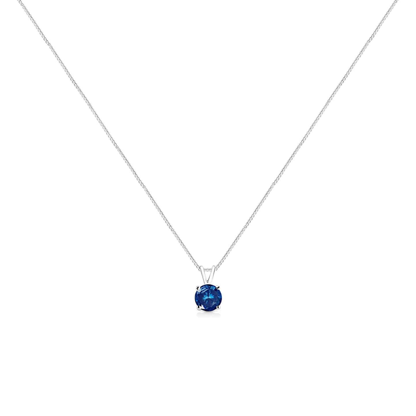 Front-facing view of a white metal necklace with a single round blue gemstone in a prong setting pendant.
