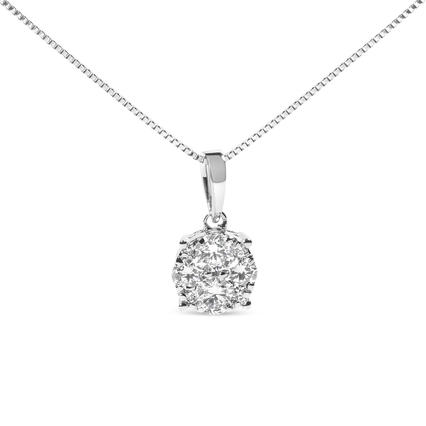 Front view of a white metal necklace with a round cluster pendant featuring multiple white gemstones in prong settings.