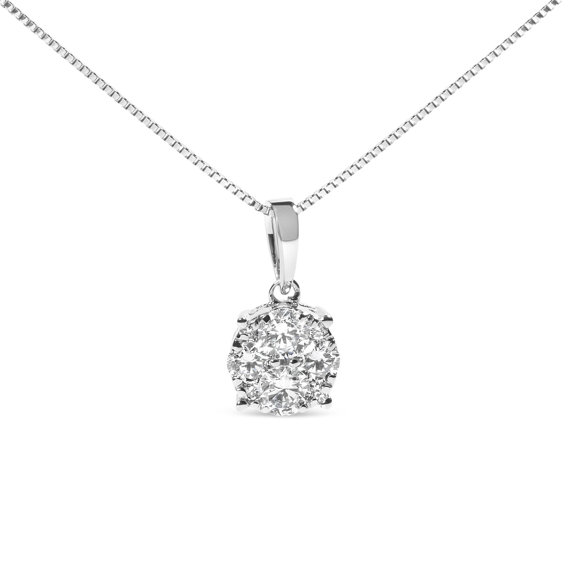 Front view of a white metal necklace with a round cluster pendant featuring multiple white gemstones in prong settings.