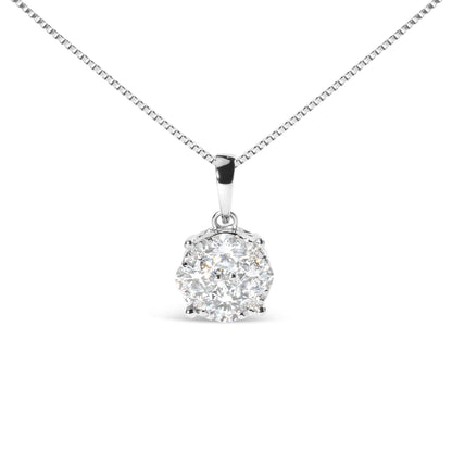 Front view of a white metal necklace with a pendant featuring a cluster of round white gemstones in prong settings.